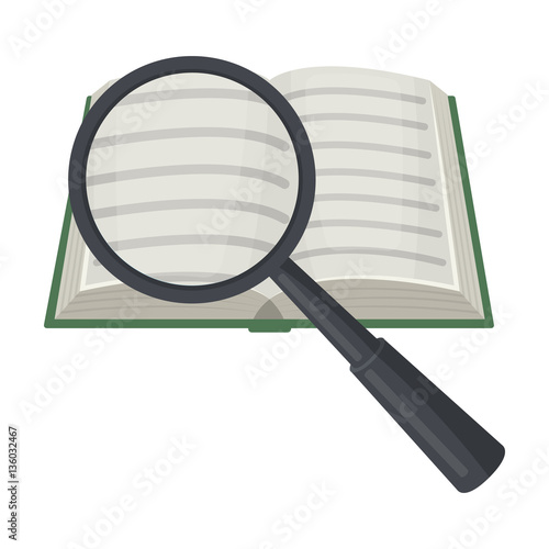 Seraching of information in the book icon in cartoon style isolated on white background. Library and bookstore symbol stock vector illustration.