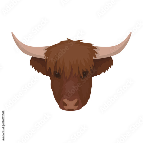 Highland cattle head icon in cartoon style isolated on white background. Scotland country symbol stock vector illustration.