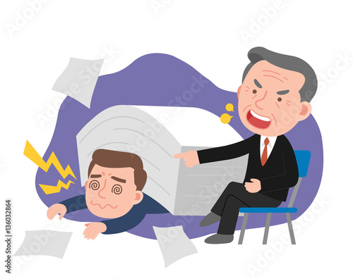 Men receiving heavy workload stresses and angry boss