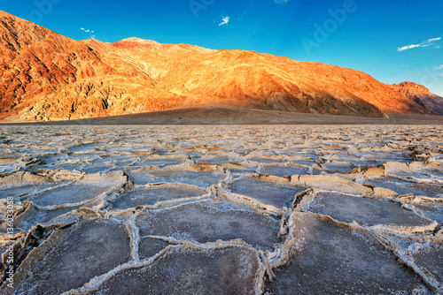 Badwater basin at sunset, Death Valley National Park, California.