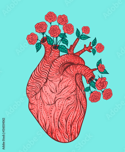 Human heart with flowers. Vector illustration. Tattoo style
