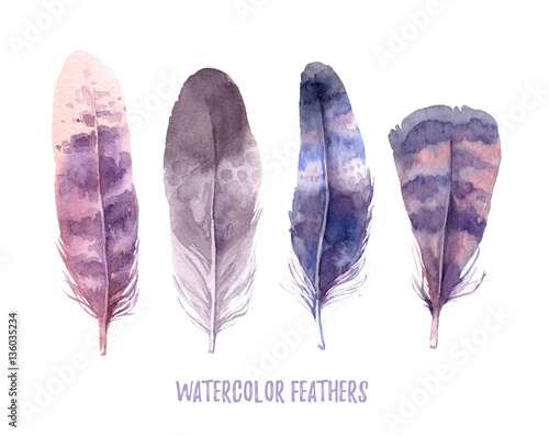 Hand drawn illustration - Watercolor feathers collection. Aquarelle boho set. Isolated on white background. Perfect for invitations, greeting cards, posters, prints © Kate Macate