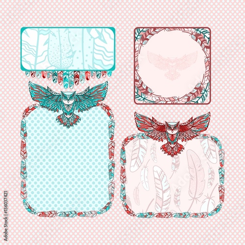 Hand drawn vector doodle  owl and feather frames. 