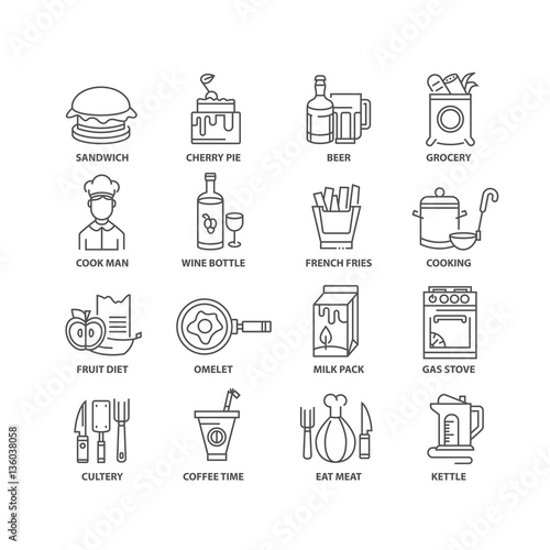 Thin line flat food isolated black icons