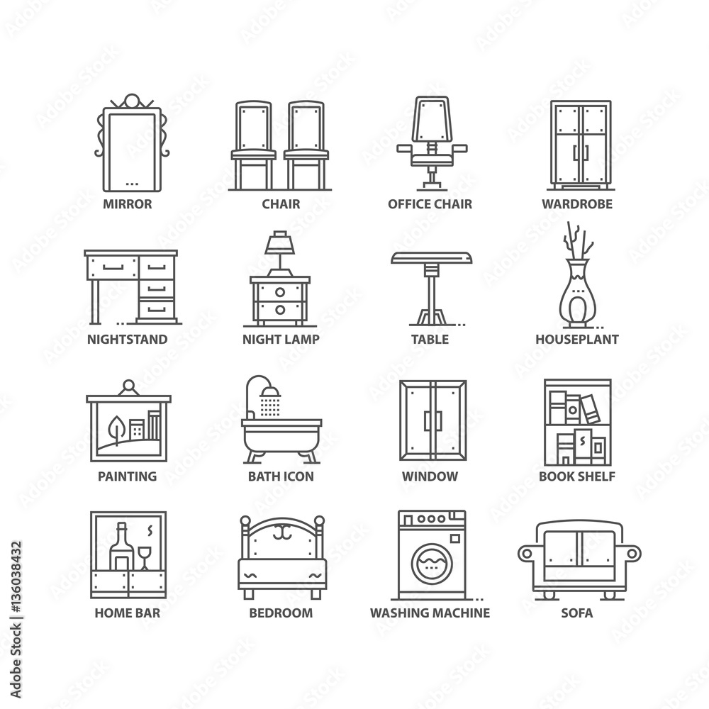 Thin line flat interior isolated black icons Thin line flat interior isolated black icons