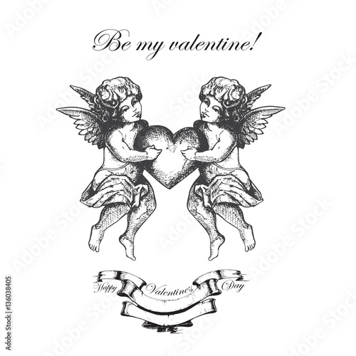 Valentines day. Hand drawn angel sketch and amur, cupid art. Vector illustration