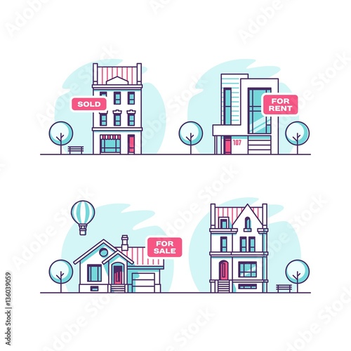 Set of urban and suburban houses. Real estate concept. Vector illustration.