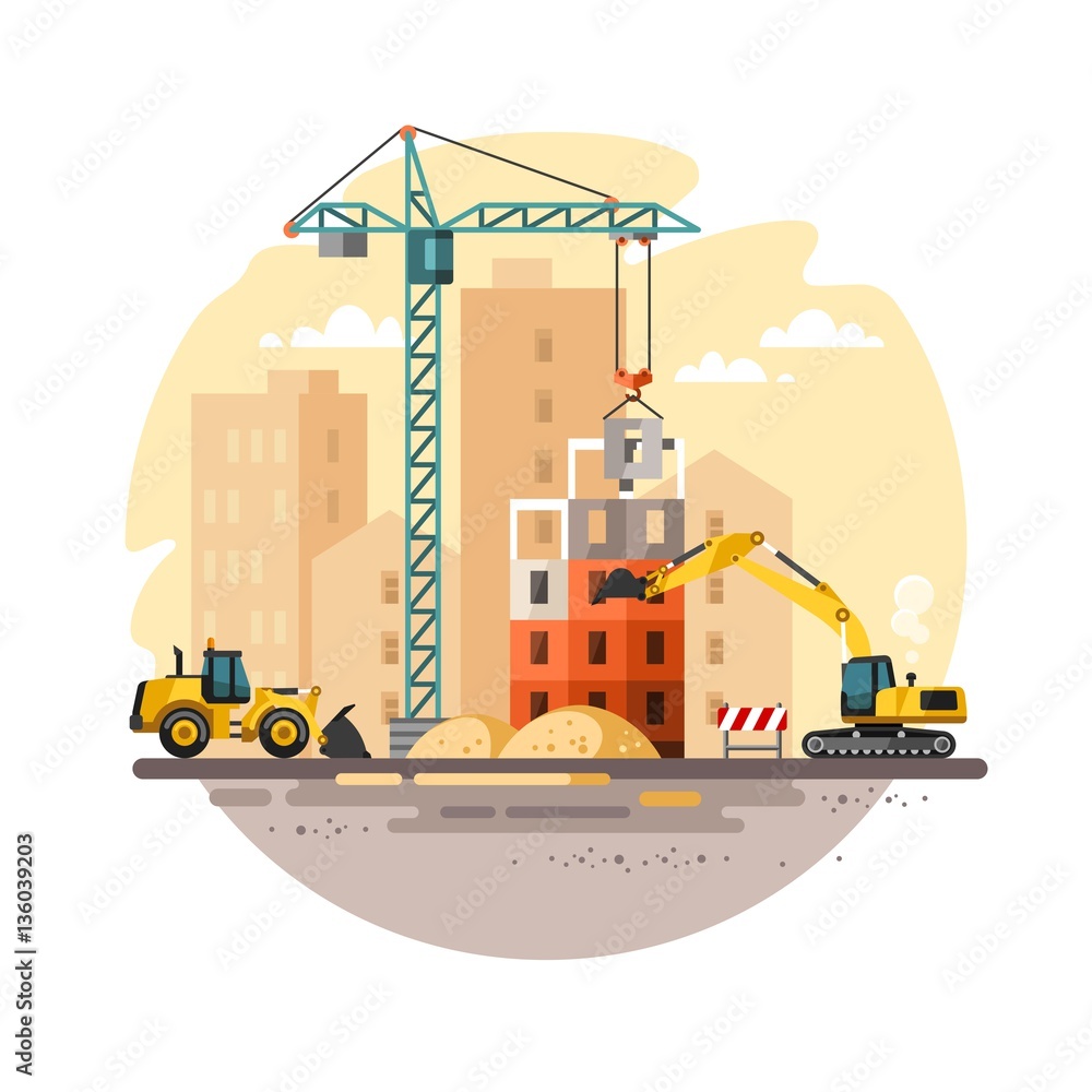Construction site, building a house. Vector illustration.