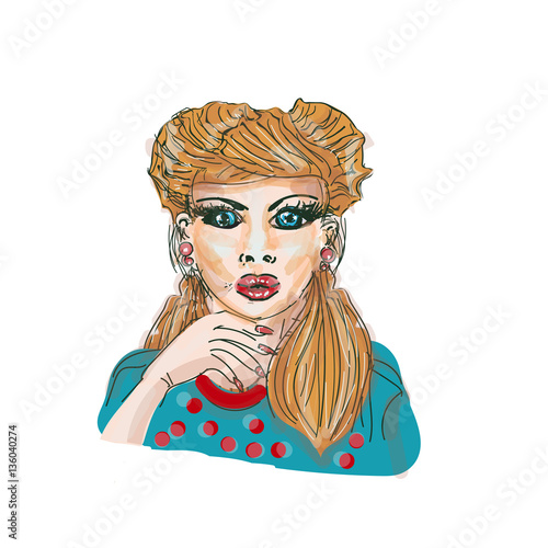 Pop art surprised woman face with open mouth.. Wow Vector illustration.