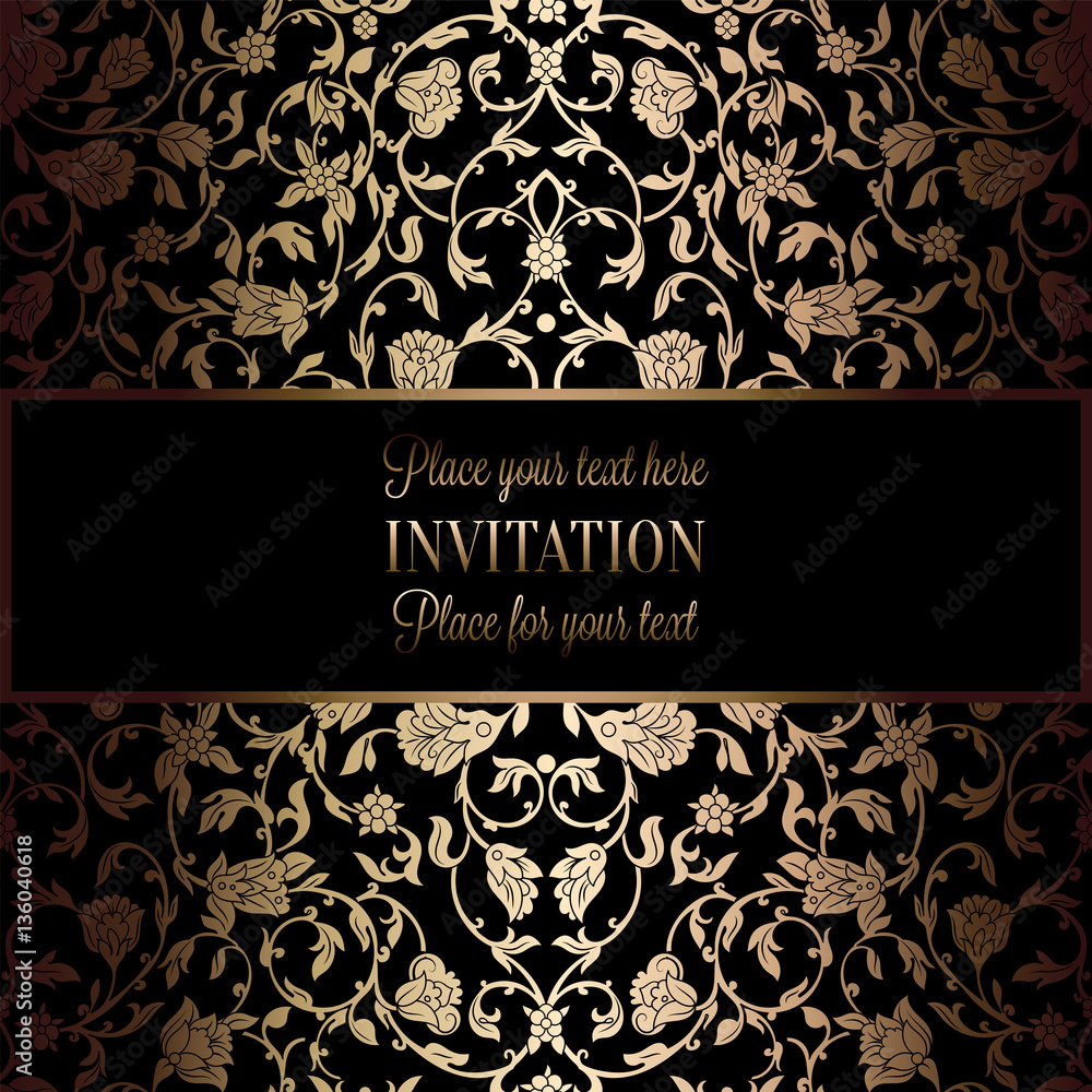 Abstract background with antique, luxury black and gold vintage frame, victorian banner, damask floral wallpaper ornaments, invitation card, baroque style booklet, fashion pattern, template for design Abstract background with antique, luxury black and gold vintage frame, victorian banner, damask floral wallpaper ornaments, invitation card, baroque style booklet, fashion pattern, template for design