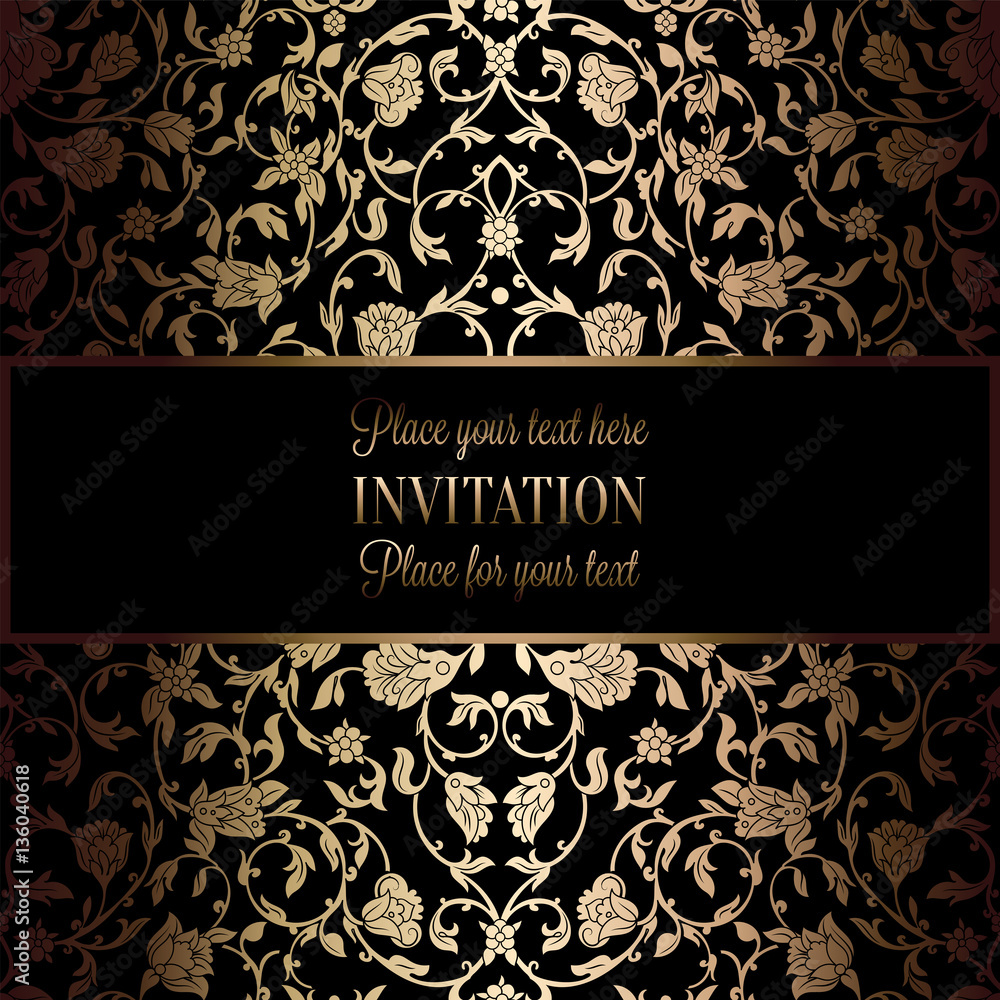 Abstract background with antique, luxury black and gold vintage frame, victorian banner, damask floral wallpaper ornaments, invitation card, baroque style booklet, fashion pattern, template for design