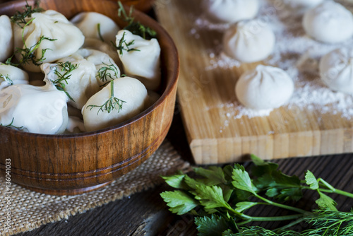 dumplings in wooden bowl