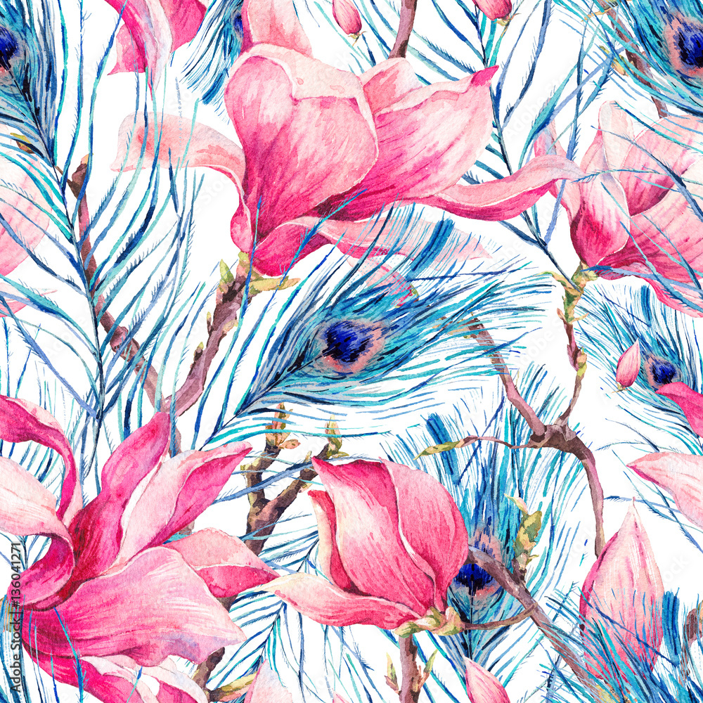 Fototapeta Bezszwowy wzór z magnolii i pawia piórkiem
