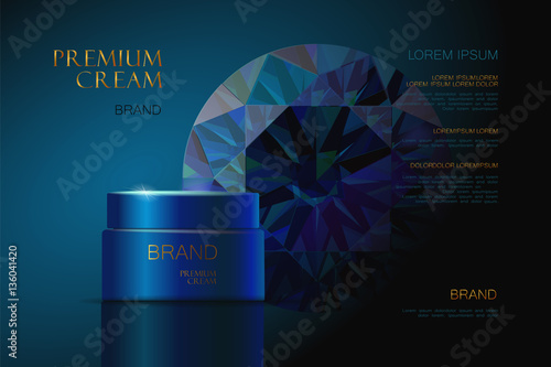 Layout leaflet. premium cosmetic ad cream. skin care. 3d vector illustration. Lasur blue sapphire glowing background