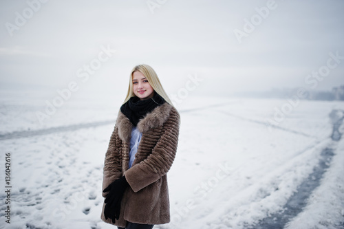 Portrait of young elegance blonde girl in a fur coat background