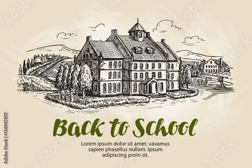 School, landscape sketch. College, education symbol. Vintage vector illustration