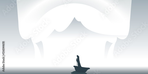 Surreal landscape editable vector. Mysterious cloaked man silhouette on boat on sea with mountain, cliffs and sun in background