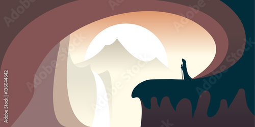 wizard silhouette on edge of a cliff in huge ancient cave with majestic landscape in background, surreal scenery at sunset