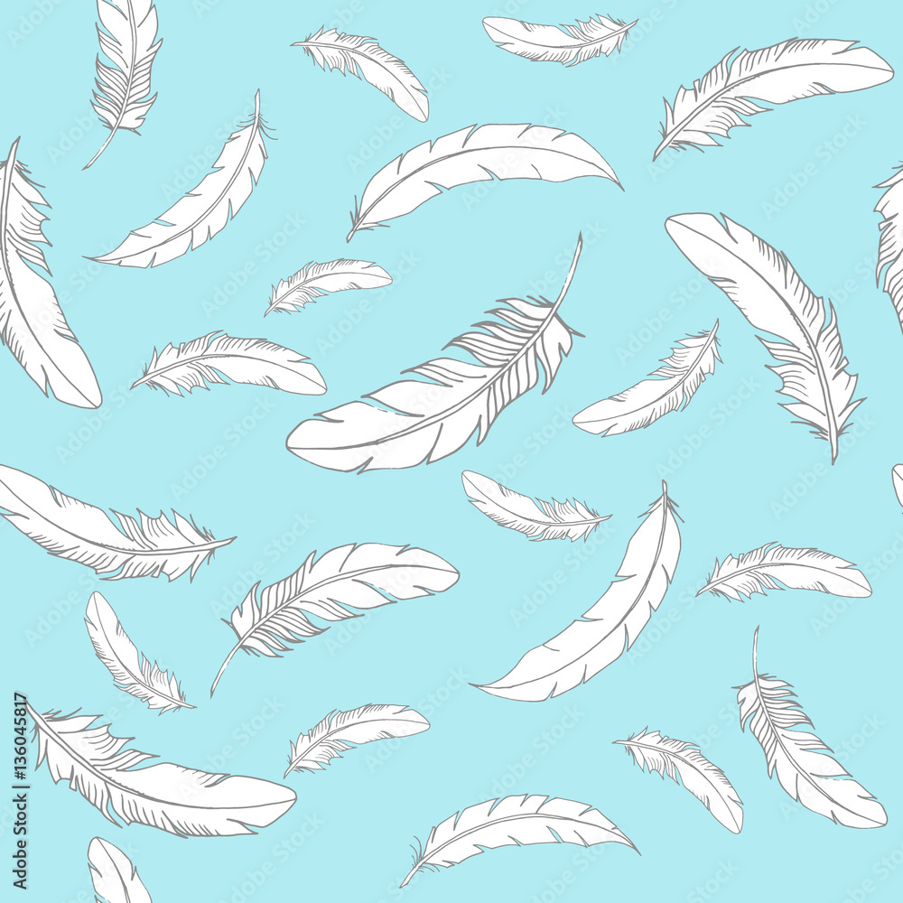 Vector seamless pattern with white falling feathers on a blue background in cute cartoon style. Hand drawn vector illustration Vector seamless pattern with white falling feathers on a blue background in cute cartoon style. Hand drawn vector illustration