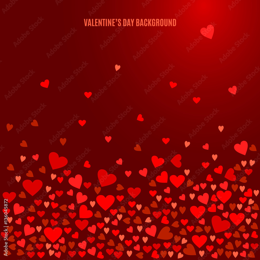 Abstract love background for your Valentines Day greeting card design. Red Hearts isolated on dark wine background. Vector illustration