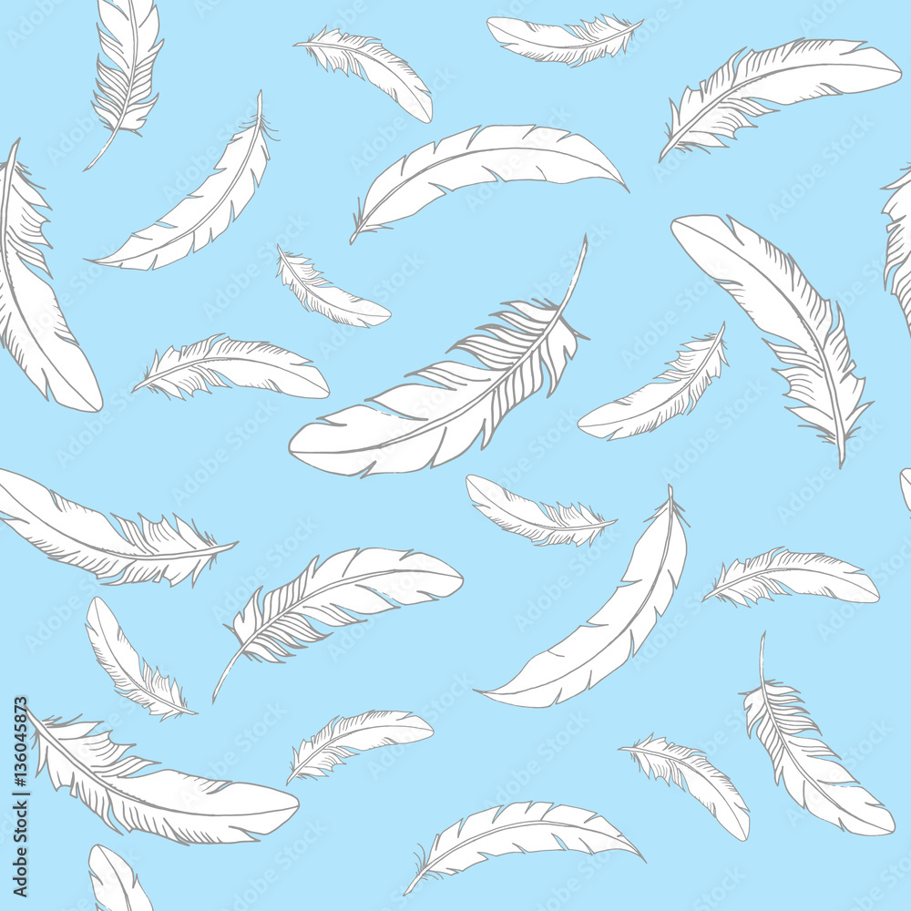Fototapeta premium Vector seamless pattern with white falling feathers on a blue background in cartoon style. Hand drawn vector illustration