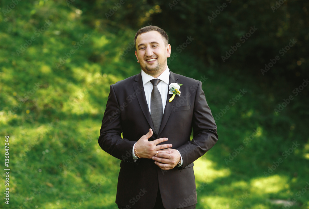 Handsome groom in the black suit is smiling Handsome groom in the black suit is smiling