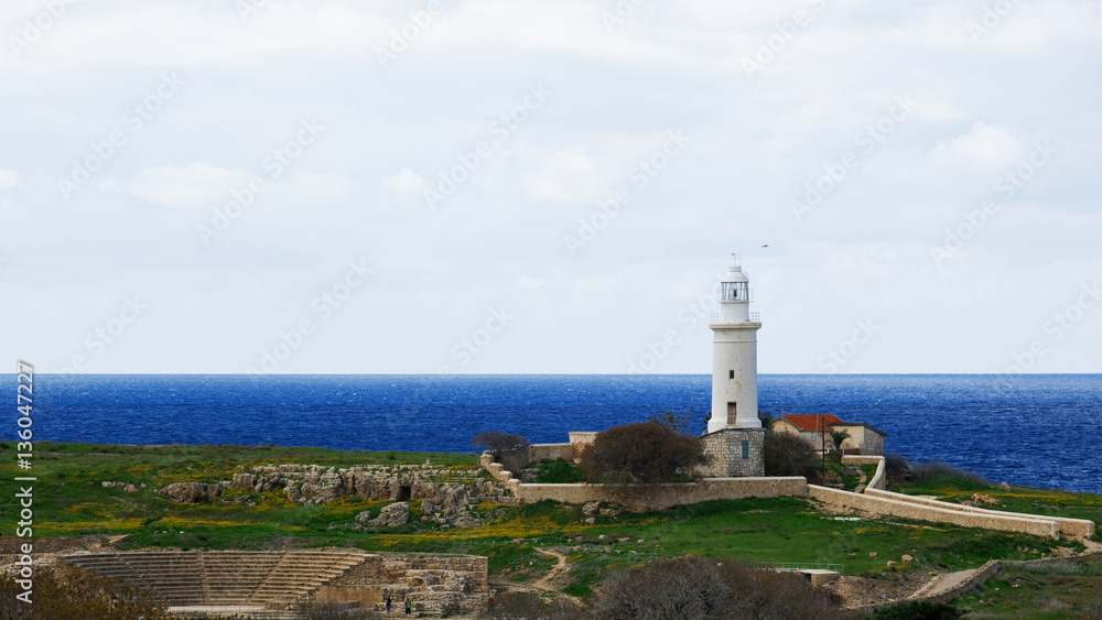 Lighthouse stands over the sea in Paphos, Cyprus