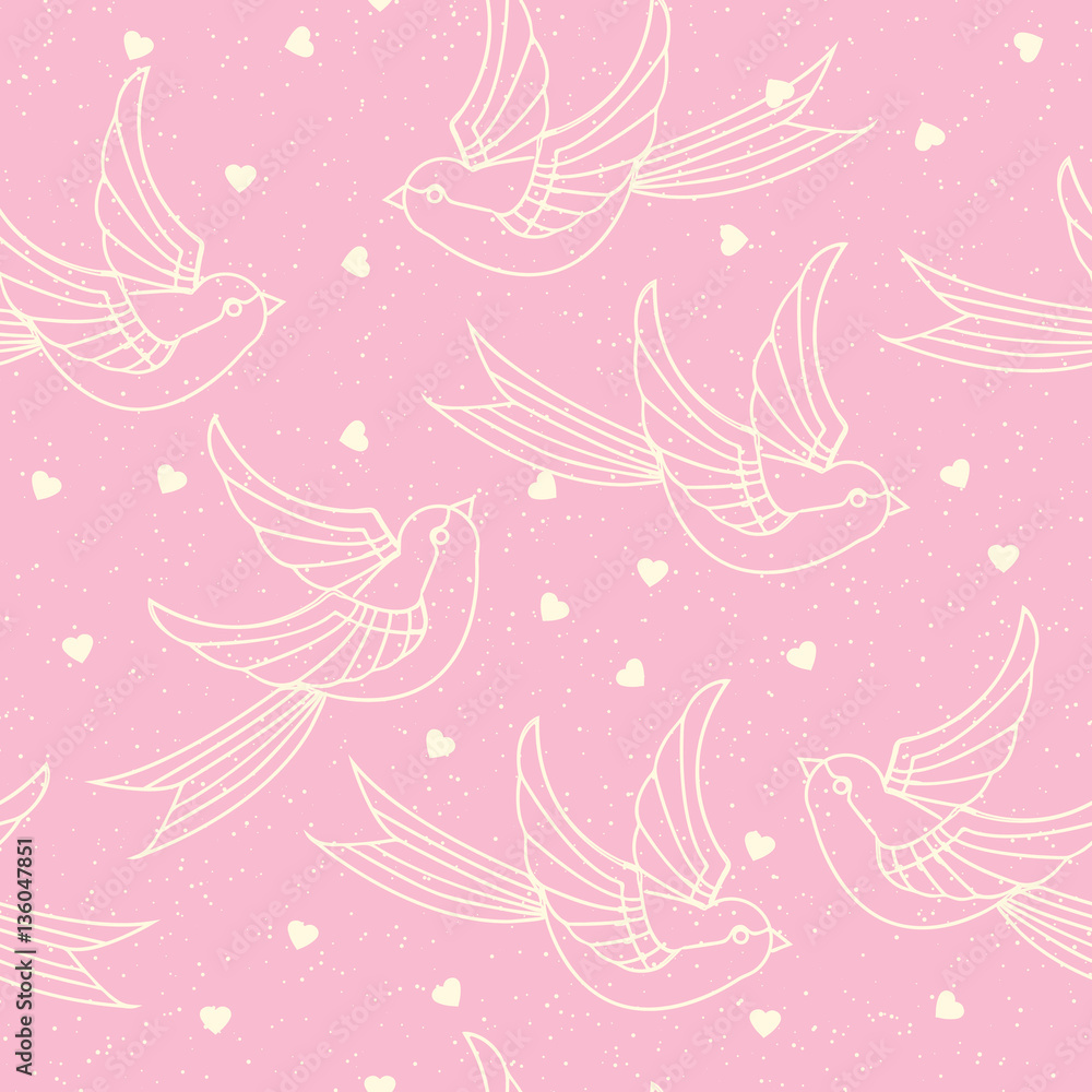 Seamless pattern with spring birds, swallows and hearts. Romantic or valentines day print. Vector illustration