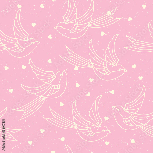 Seamless pattern with spring birds, swallows and hearts. Romantic or valentines day print. Vector illustration