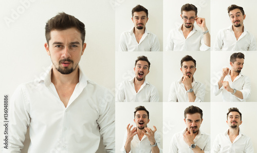 set of bearded man expressions on grey background. Young man with multiple face expressions