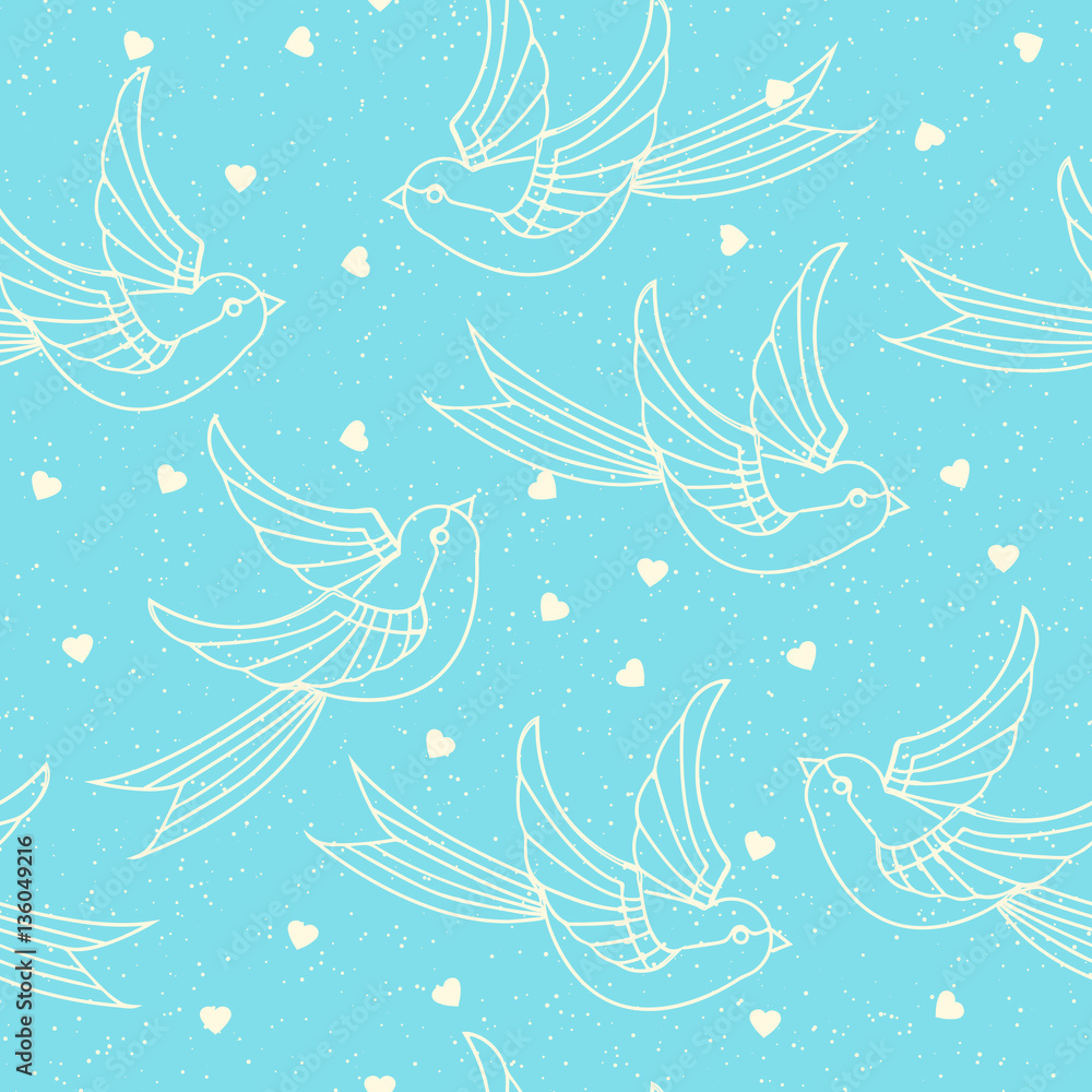 Seamless pattern with spring birds, swallows and hearts. Romantic or valentines day print. Vector illustration Seamless pattern with spring birds, swallows and hearts. Romantic or valentines day print. Vector illustration