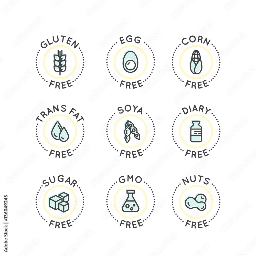 Isolated Vector Style Set Badge Ingredient Warning Label Icons. Allergens Gluten, Lactose, Soy, Corn, Diary, Milk, Sugar, Trans Fat. Vegetarian and Organic symbols. Food Intolerance Isolated Vector Style Set Badge Ingredient Warning Label Icons. Allergens Gluten, Lactose, Soy, Corn, Diary, Milk, Sugar, Trans Fat. Vegetarian and Organic symbols. Food Intolerance