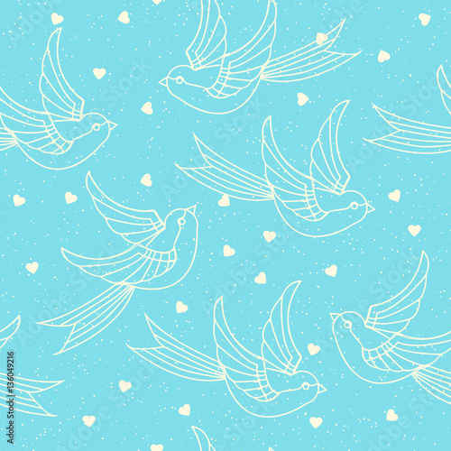 Seamless pattern with spring birds  swallows and hearts. Romantic or valentines day print. Vector illustration