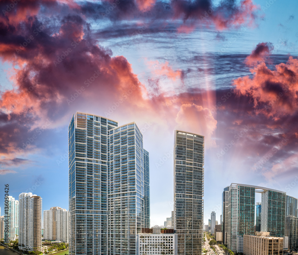 Sunset view of Miami and Brickell Key buildings, Florida