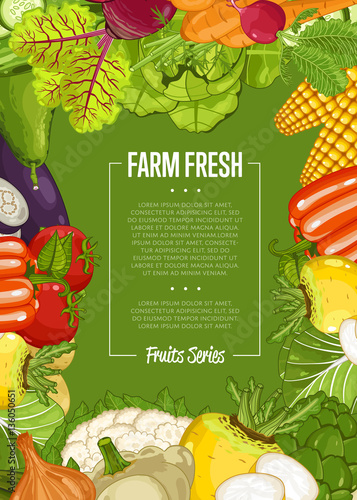 Fresh farm food banner vector illustration. Natural vegetable, organic farming retail, vegan product store poster. Healthy farm food advertising with corn, pepper, radishes, eggplant, tomato, cabbage