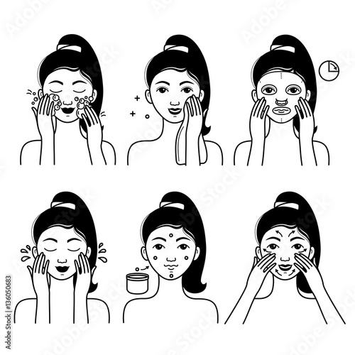 Face skin care set with girl isolated vector illustration. Girl washing her face, cleansing and applying cosmetic cream. Facial treatment, face skin hygiene procedures, beauty and healthy lifestyle.