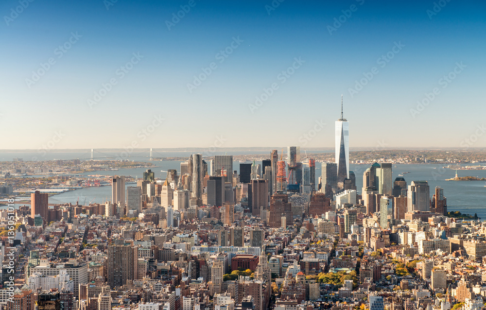 Aerial panoramic view of Midtown and Downtown Manhattan on a bea