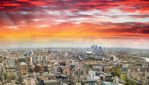 Sunset aerial panoramic view of London skyline, eastern side