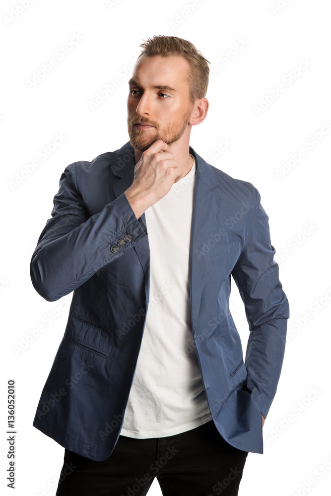 Attractive mature model wearing a blue/gray blazer, standing against a white background looking. Attractive mature model wearing a blue/gray blazer, standing against a white background looking.