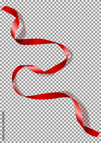 Red satin ribbon isolated on transparent backdrop. Vector illustration of curved tape.