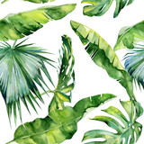 Seamless watercolor illustration of tropical leaves, dense jungle. Pattern with tropic summertime motif may be used as background texture, wrapping paper, textile,wallpaper design.
