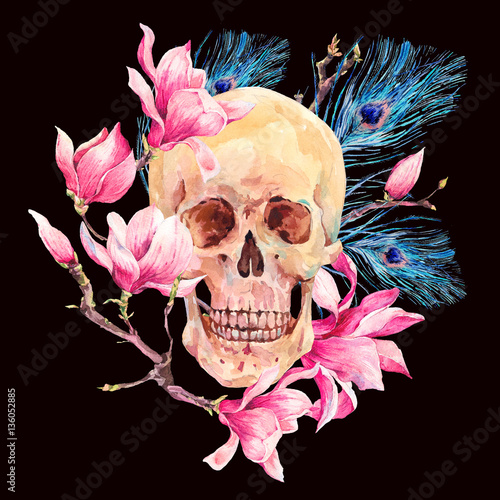 Watercolor human skull and pink flowers Magnolia