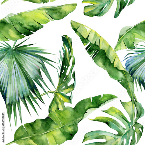Seamless watercolor illustration of tropical leaves, dense jungle. Pattern wi...