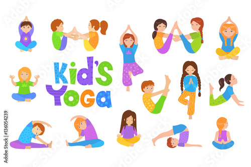 Kids doing yoga exercises. Yoga kids set. Gymnastics for children and healthy lifestyle. Vector illustration.