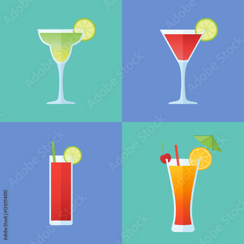 Set of popular alcoholic cocktails. Margarita, cosmopolitan, bloody mary and tequila sunrise. Flat style icons. Vector illustration.