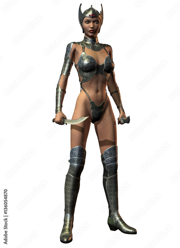 3d illustration representing a nice warrior queen with fantasy helmet armed with knives 3d illustration representing a nice warrior queen with fantasy helmet armed with knives