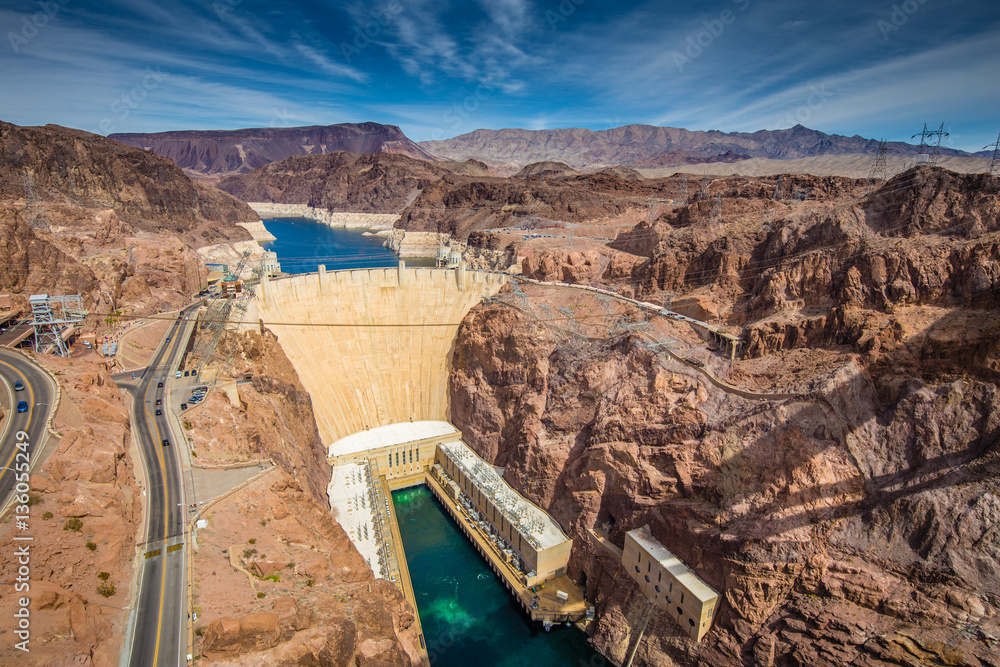 Aerial view of Hoover Dam from Mike O'Callaghan–Pat Tillman Memorial Bridge, Nevada, USA