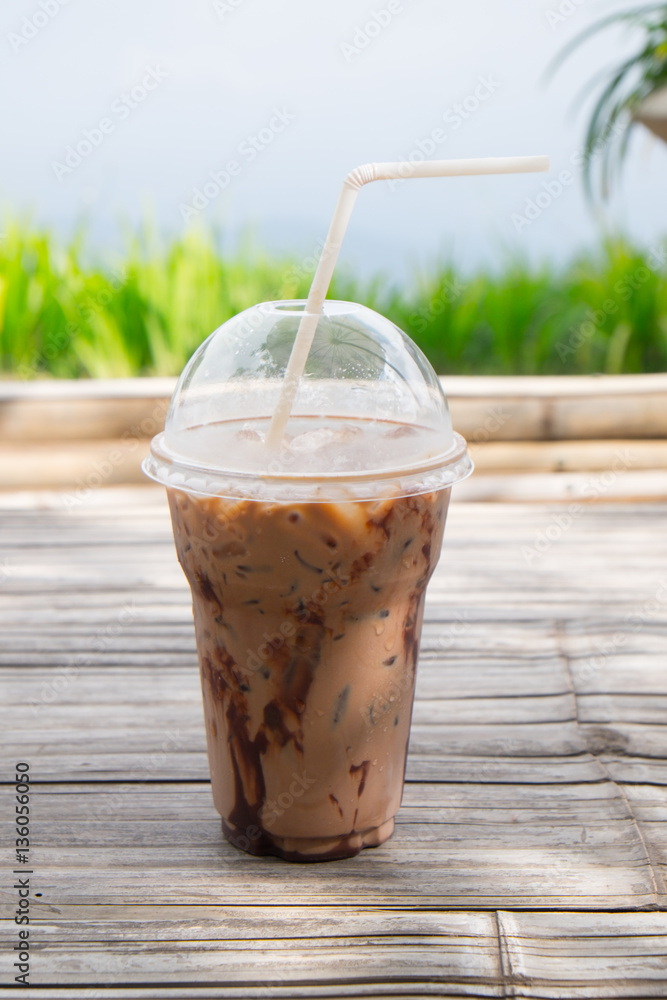 Iced coco or chocolate in plastic cup Iced coco or chocolate in plastic cup