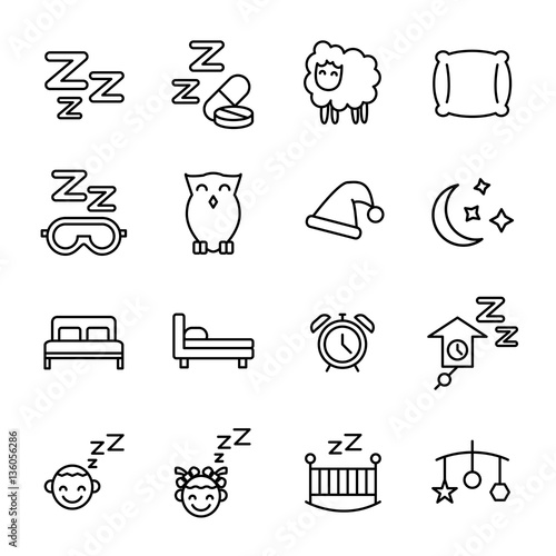 Set of sleep icons in modern thin line style.