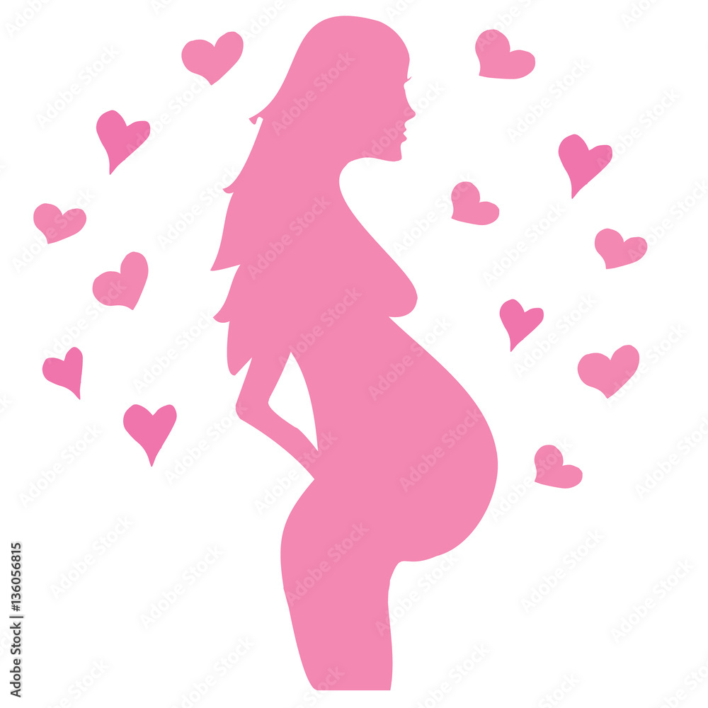 Silhouette of pregnant woman with hearts around. Vector illustration. Silhouette of pregnant woman with hearts around. Vector illustration.